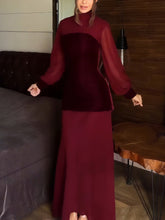 Elegant High Neck Velvet Panel Sheer Sleeve Maxi Dress