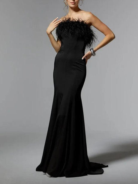 Aurohaya Elegant Off-the-shoulder Feather Floor-length Maxi Dress Black