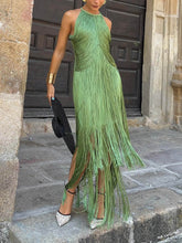Fashion Elegant Sleeveless Halter Neck Tassel Slim Maxi Dress