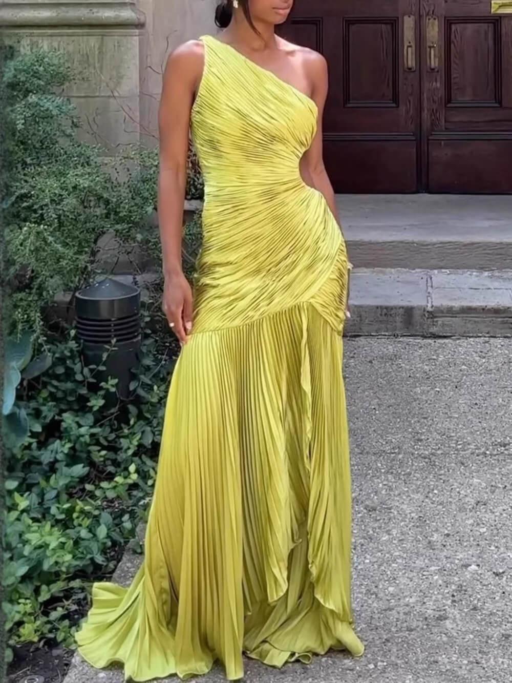 Aurohaya Fashion One-Shoulder Cutout Ruched Maxi Dress Green