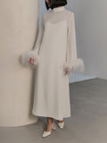 Aurohaya Elegant High-Neck Feather Cuff Chiffon Midi Dress White