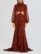 Aurohaya Elegant Cutout High-Neck Long-Sleeved Ruffled Maxi Dress Brown