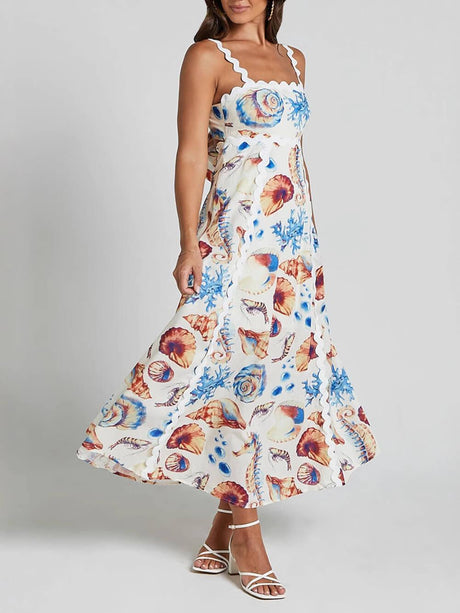 Aurohaya Casual Printed Suspenders Patchwork Loose Holiday Maxi Dress