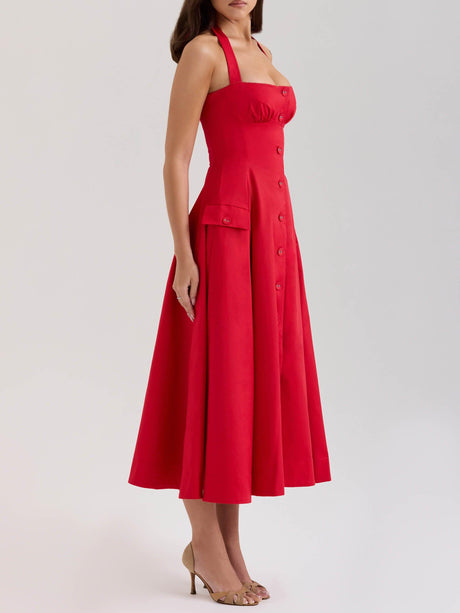 Aurohaya Elegant Square Neck Pleated Button Midi Dress