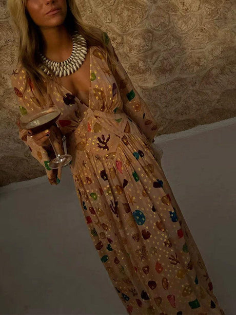 Aurohaya Exquisite Chiffon Shell Print Maxi Dress