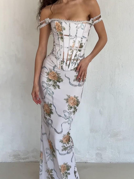 Aurohaya Retro Print Corset Maxi Dress