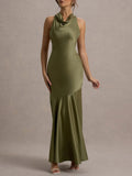 Elegant Satin Cowl Neck Sleeveless Mermaid Maxi Dress