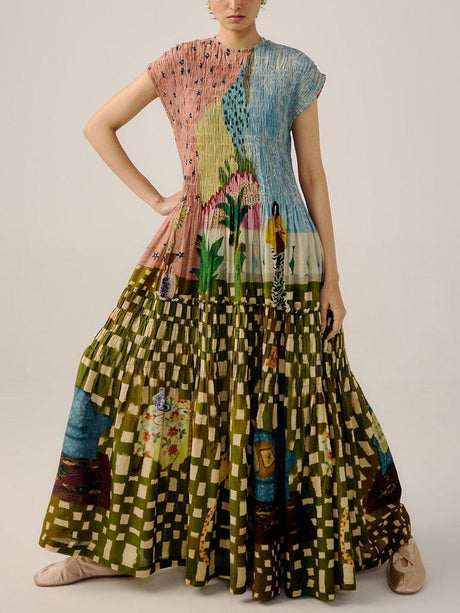 Aurohaya Retro Pleated Print Maxi Dress