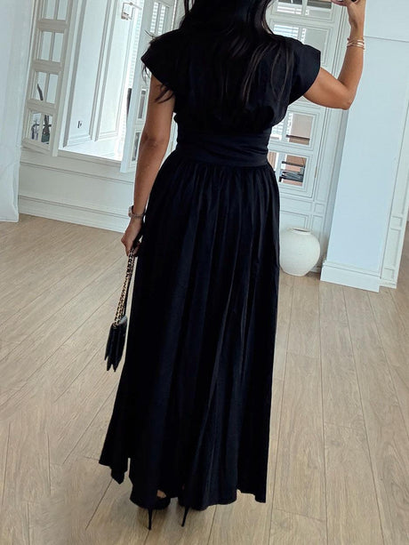 Aurohaya Exquisite V-neck Waist Pleated Shirt-style Maxi Dress