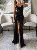 Elegant V-neck Sequined Sexy Slit Maxi Dress