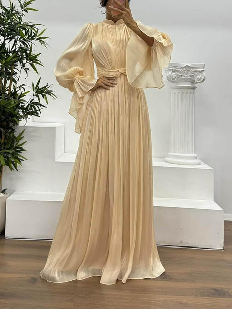 Aurohaya Fashionable Pleated Waist Long-Sleeved Chiffon Evening Maxi Dress Gold