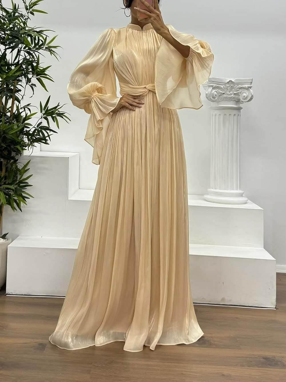 Aurohaya Fashionable Pleated Waist Long-Sleeved Chiffon Evening Maxi Dress Gold