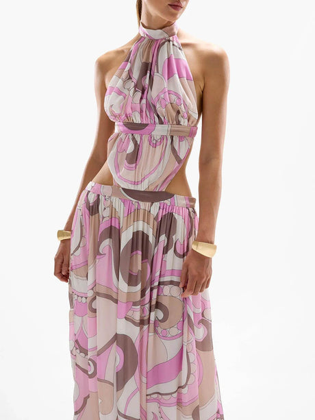 Aurohaya Exquisite Abstract Print Halter Neck Cutout Maxi Dress