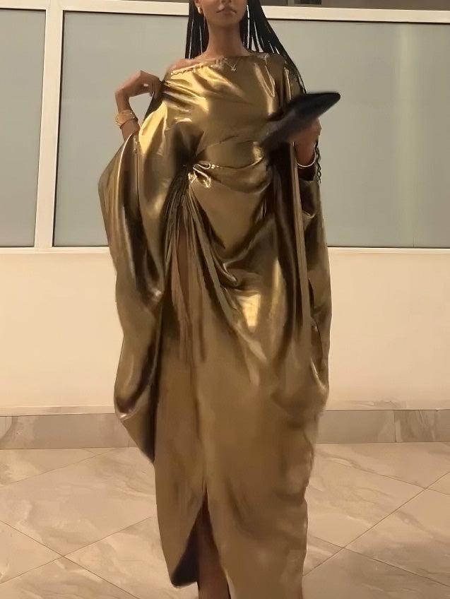Aurohaya Elegant Metal Drawstring Bat Sleeve Robe Dress