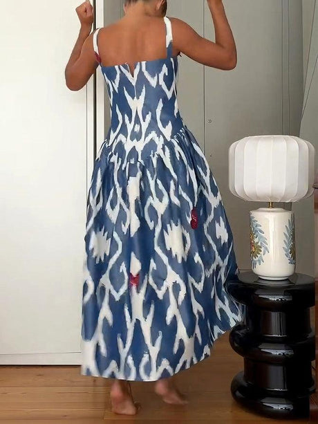 Aurohaya Elegant Ikat Print Sleeveless Butterfly Embellished Maxi Dress