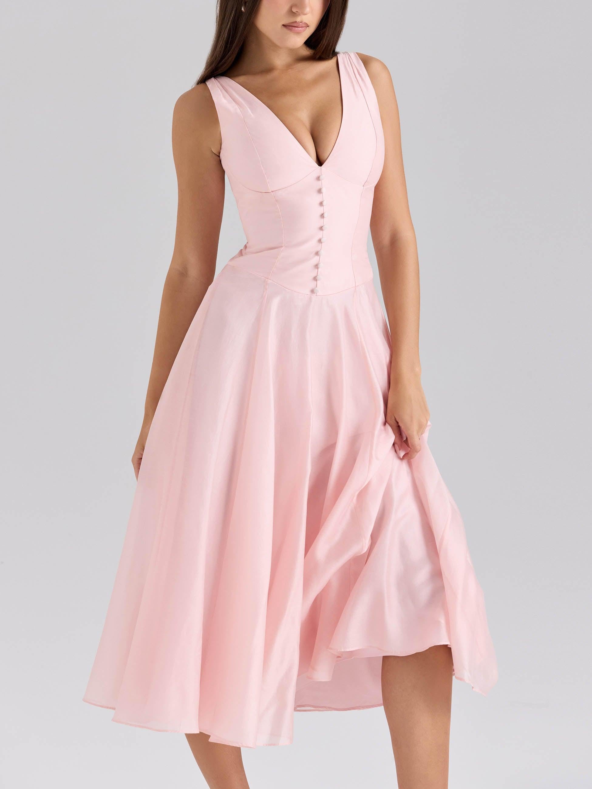 Aurohaya Elegant V-neck Chiffon Button Midi Dress Pink