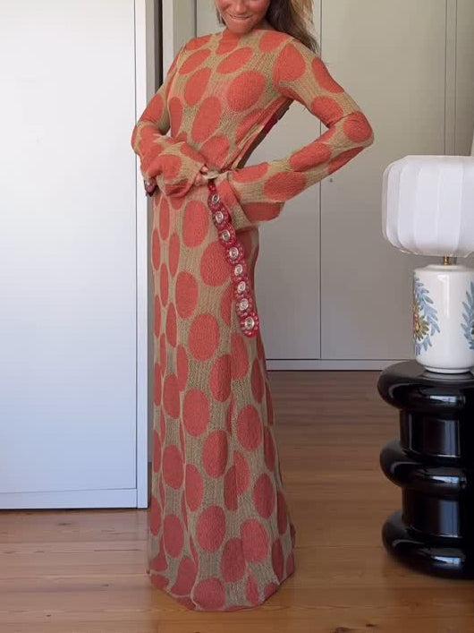 Aurohaya Elegant Polka Dot Print Slightly Sheer Open Back Maxi Dress