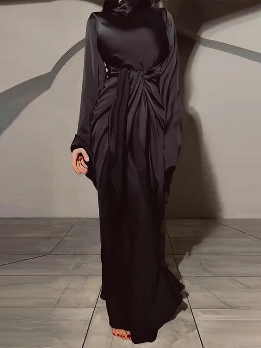 Aurohaya Elegant Satin Draped Long-Sleeve Maxi Dress