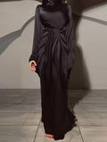 Aurohaya Elegant Satin Draped Long-Sleeve Maxi Dress