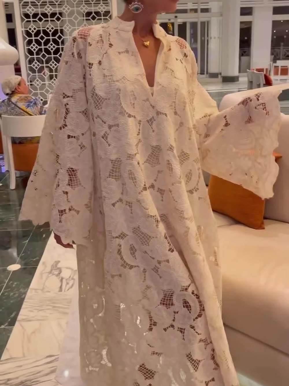 Aurohaya Casual White Long Sleeve Lace V-Neck Dress