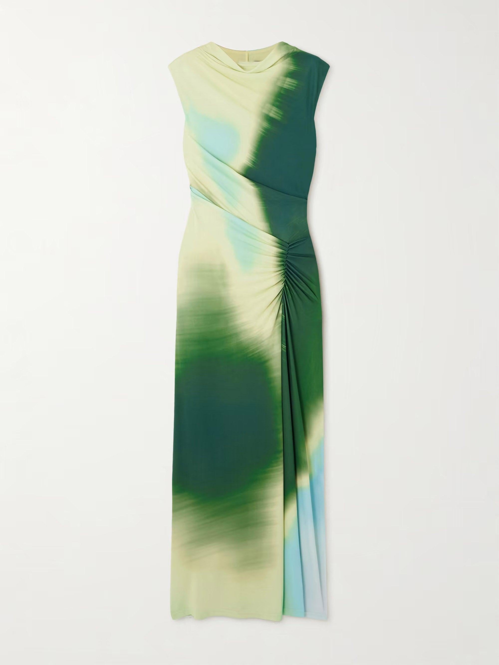 Aurohaya Exquisite Tie-dye Print Pleated Stretch Maxi Dress