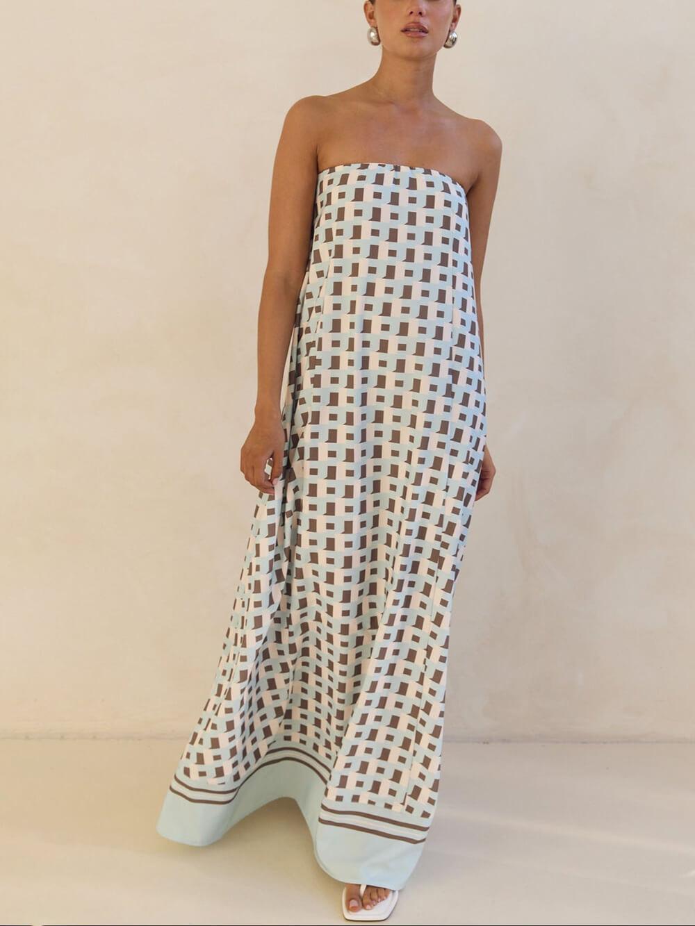 Aurohaya Exclusive Geometric Print Off-Shoulder A-Line Maxi Dress