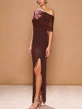 Elegant One-Shoulder Asymmetric Draped Chiffon Maxi Dress