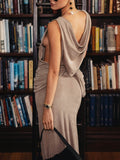Unique Draped Back Pleated Maxi Dress