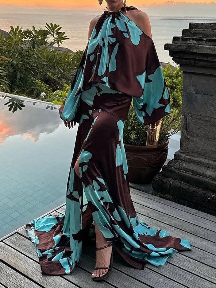 Aurohaya Elegant Cold Shoulder Abstract Print Maxi Dress Brown
