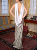 Elegant Open Back Contrast Satin Draped Maxi Dress