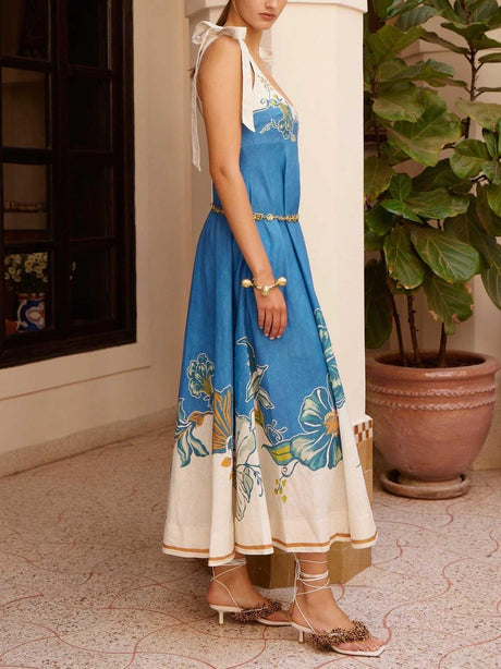 Aurohaya Casual Floral Print Bow-strap Maxi Dress