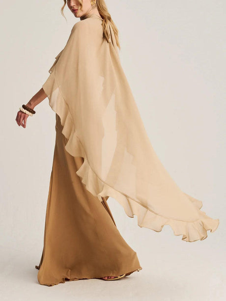 Aurohaya Elegant High Neck Ruffle Cape Maxi Dress