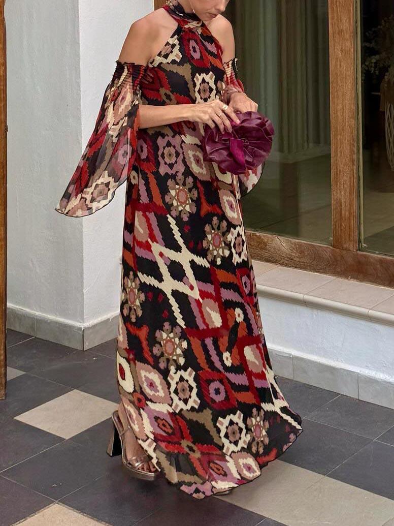 Aurohaya Retro Bohemian Geometric Print Convertible Sleeve Maxi Dress
