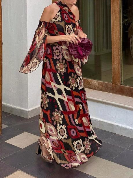Aurohaya Retro Bohemian Geometric Print Convertible Sleeve Maxi Dress