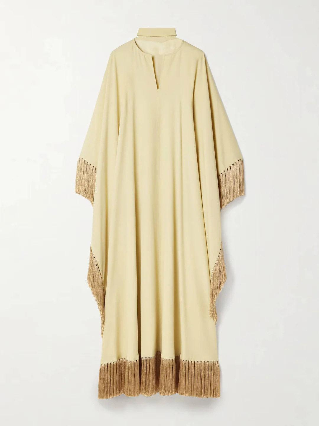 Aurohaya Elegant Fringed Satin Robe Maxi Dress