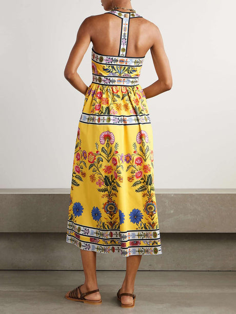 Aurohaya Unique Satin Floral Print Racerback With Pockets Midi Dress