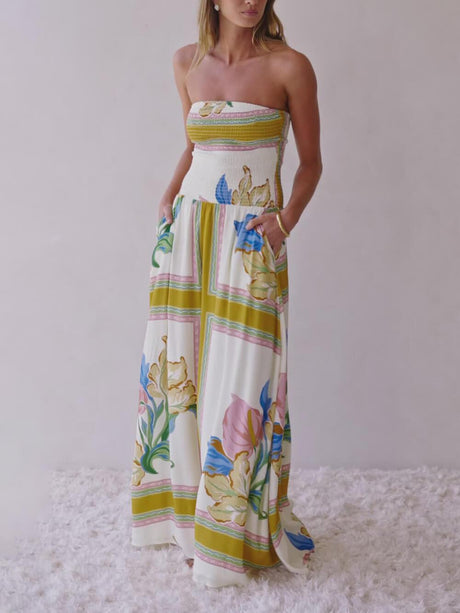 Aurohaya Elegant Off-Shoulder Printed Ruched A-Line With Pockets Maxi Dress