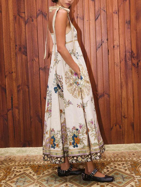Aurohaya Exquisite Bohemian Print Strappy Maxi Dress