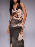 Elegant Printed Draped Stacked Neck Slit Maxi Dress