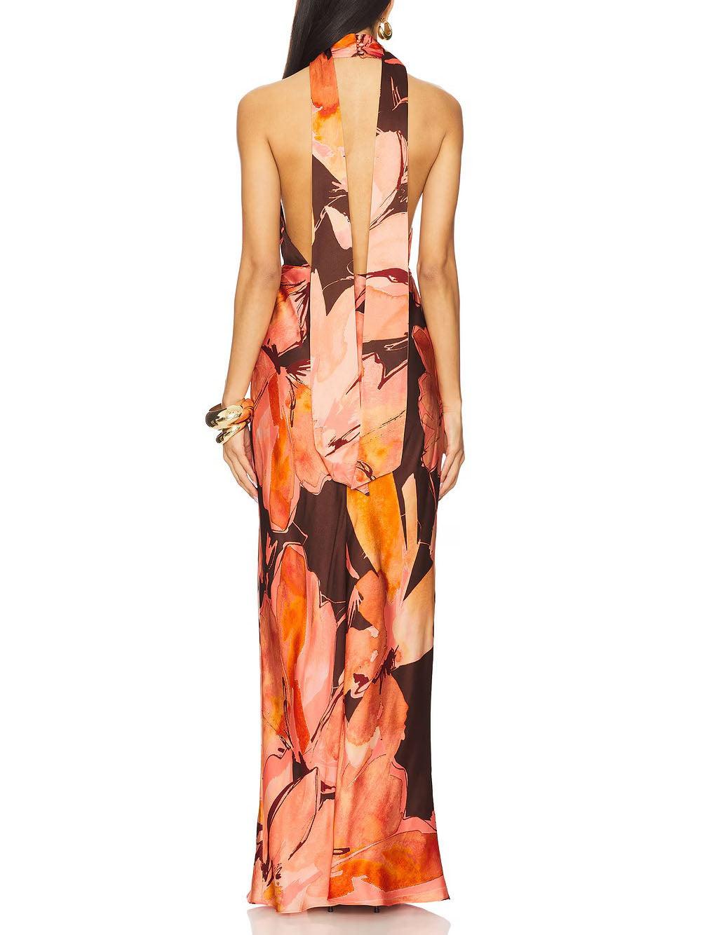 Aurohaya Elegant Halterneck Retro Floral Print Maxi Dress