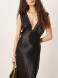 Elegant Black Tulle Lace-Trimmed Satin Maxi Dress