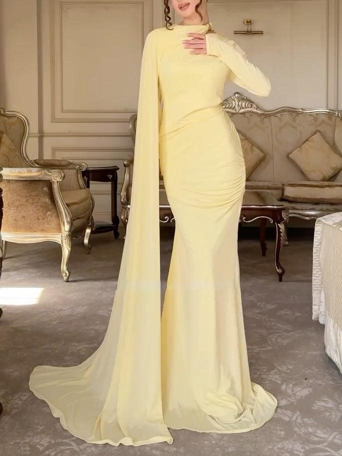 Aurohaya Elegant Satin Pleated Long-sleeved Maxi Dress Yellow
