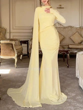 Aurohaya Elegant Satin Pleated Long-sleeved Maxi Dress Yellow