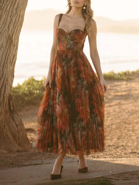 Aurohaya Elegant Floral-print Pleated Midi Dress