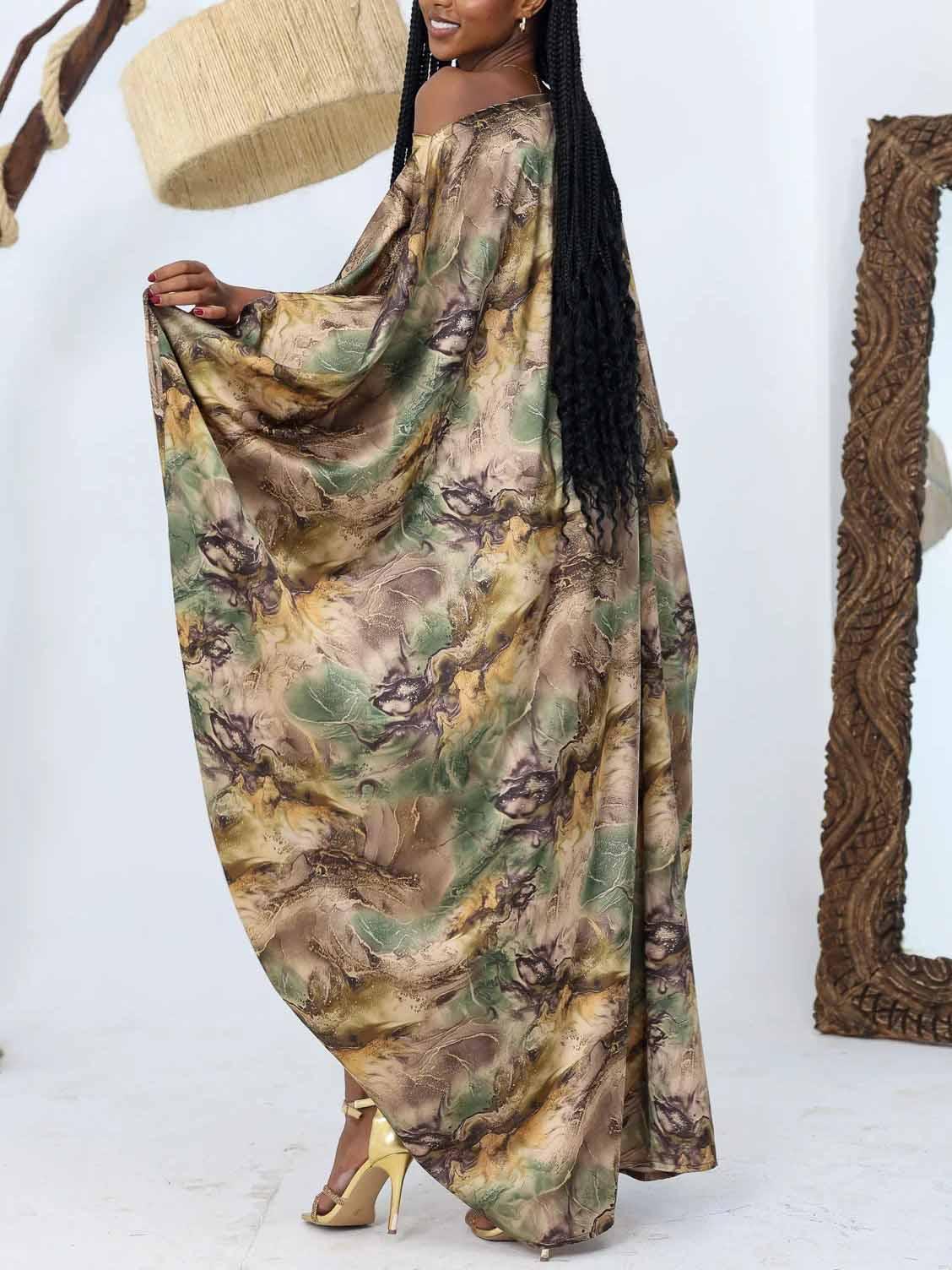 Aurohaya Elegant Satin Tie-dye Print Batwing Sleeve Maxi Dress