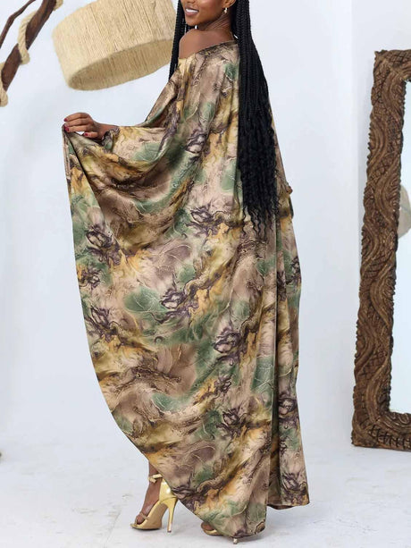 Aurohaya Elegant Satin Tie-dye Print Batwing Sleeve Maxi Dress