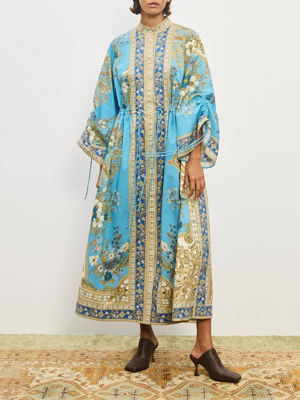 Aurohaya Unique Effortless Floral Print Cuffs Waist Drawstring Loose Shirt Silhouette Dress Multicolor