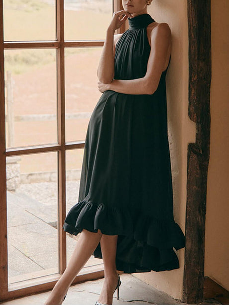 Aurohaya Elegant Ruffled Halter Neck Sleeveless Dress Black