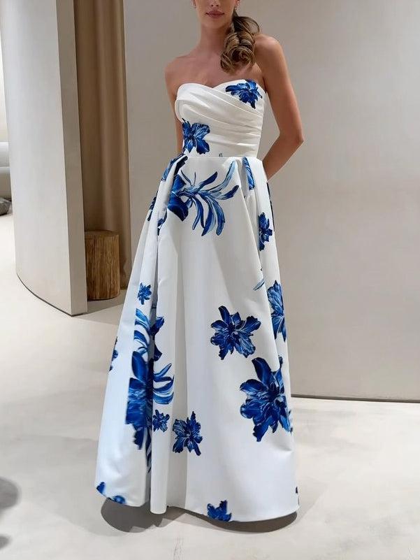 Aurohaya Elegant Off-the-shoulder Ruffled Bodycon Floral Print Maxi Dress White&Blue