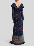 Elegant Retro Paisley Print Ruffle Maxi Dress